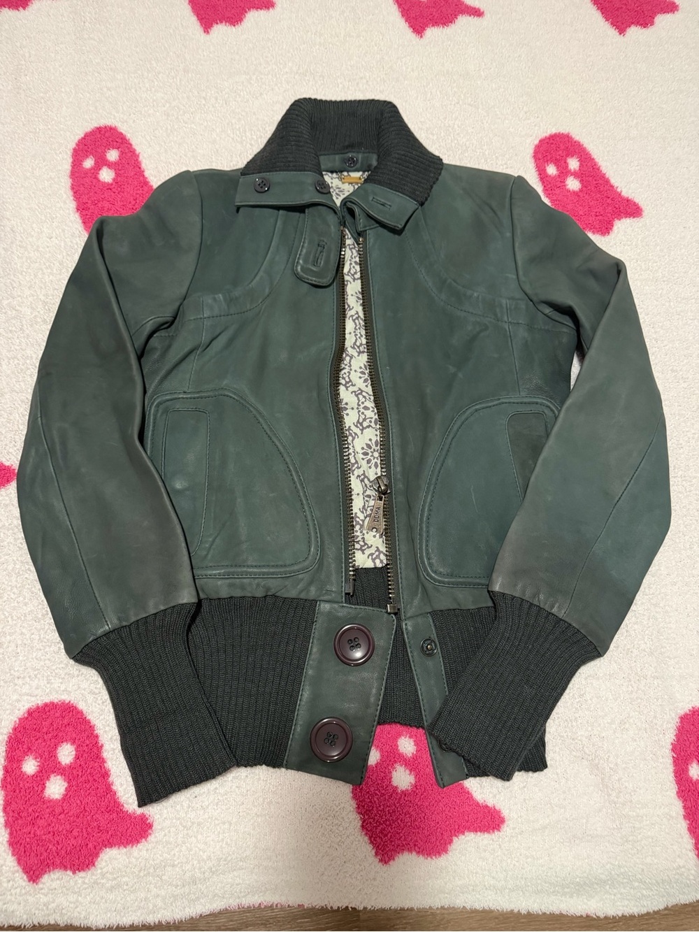 Doma Dark Green Leather Bomber Jacket - Size M
